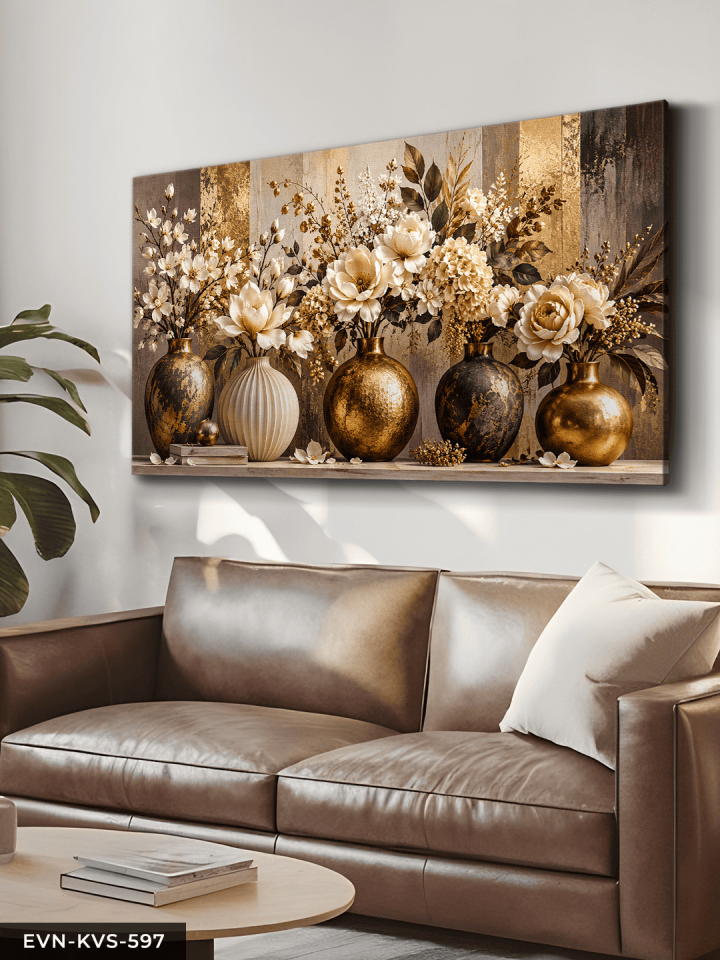 Gold Vazoda Beyaz Çiçekler Tek Parça Kanvas - Canvas Tablo
