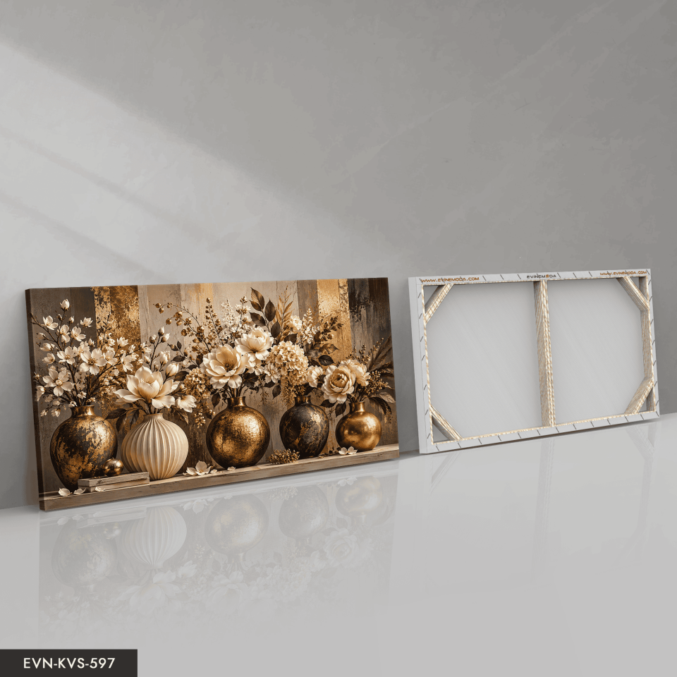 Gold Vazoda Beyaz Çiçekler Tek Parça Kanvas - Canvas Tablo