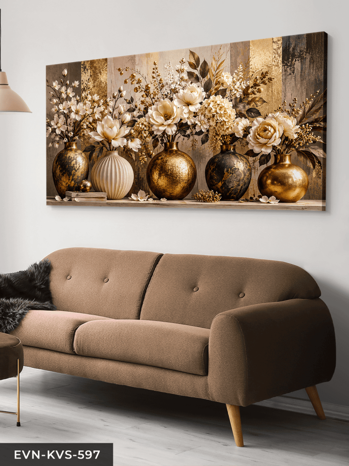 Gold Vazoda Beyaz Çiçekler Tek Parça Kanvas - Canvas Tablo