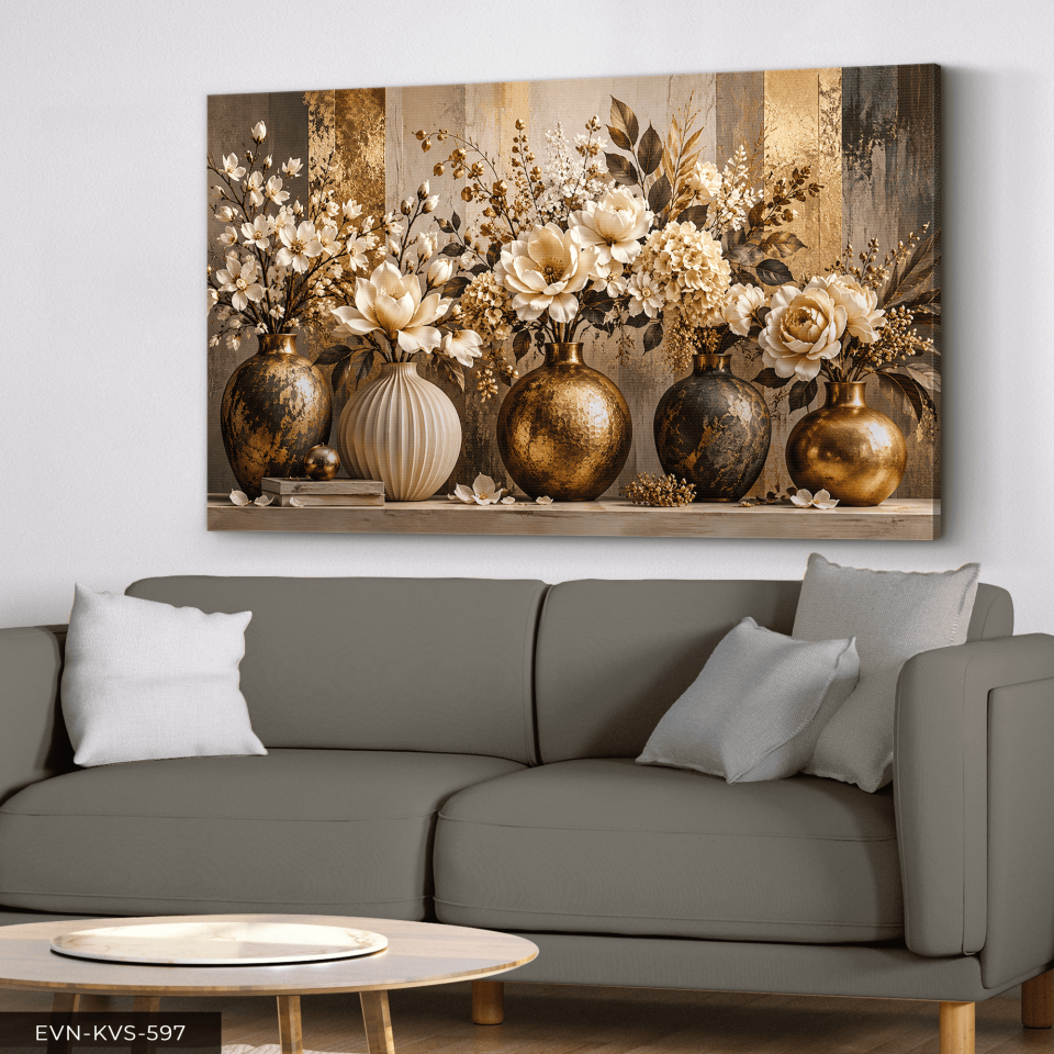 Gold Vazoda Beyaz Çiçekler Tek Parça Kanvas - Canvas Tablo