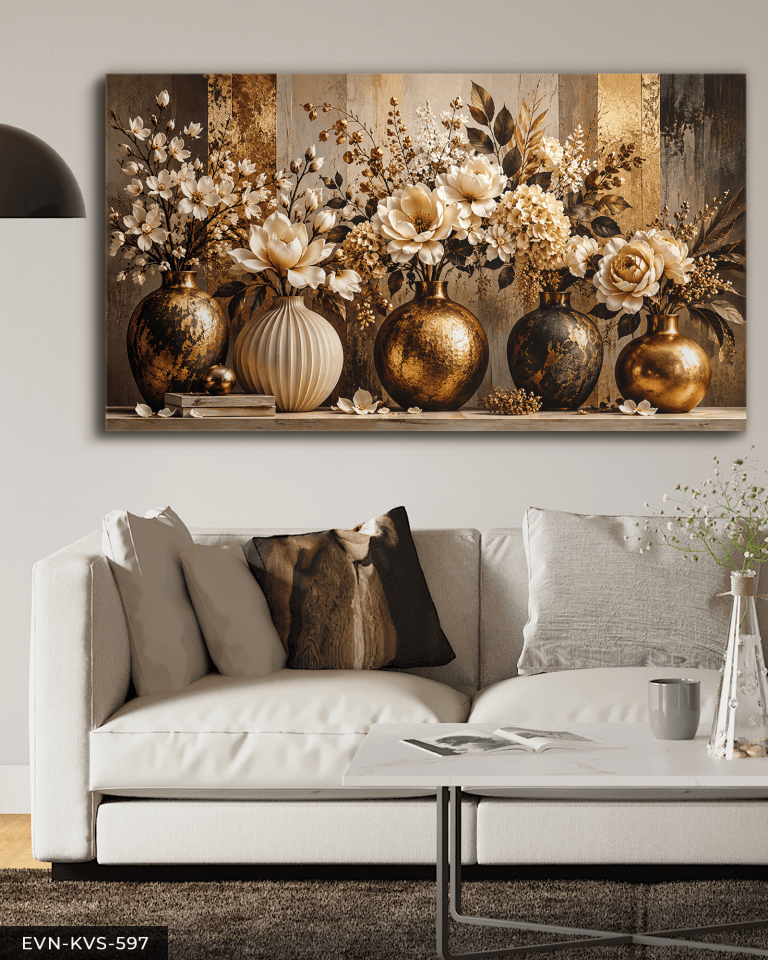 Gold Vazoda Beyaz Çiçekler Tek Parça Kanvas - Canvas Tablo