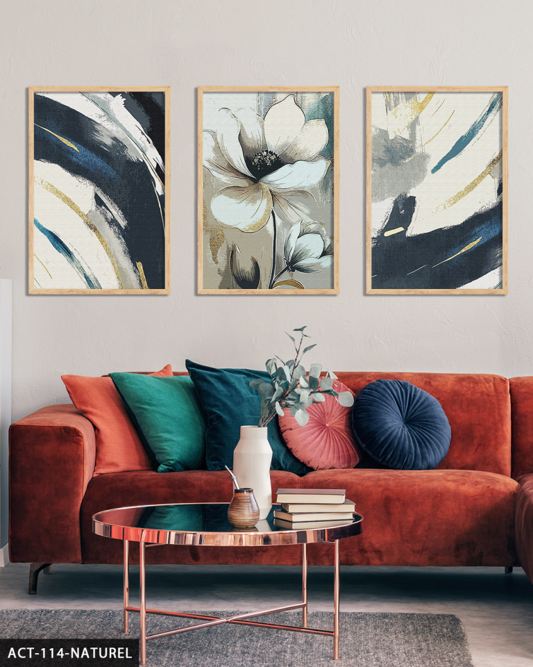 Beyaz Çiçek ve Soyut Sanat 3 Parça Ahşap Çerçeveli Tablo ACT Naturel - 50 x 70 CM