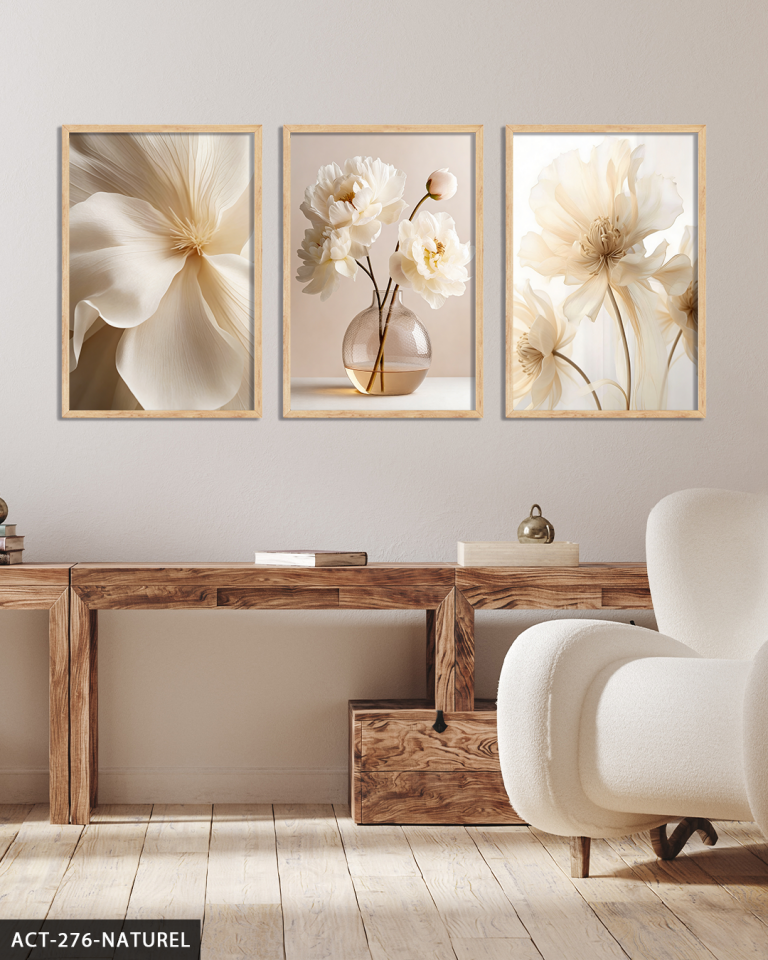 Beyaz Narin Çiçekler 3 Parça Ahşap Çerçeveli Tablo ACT Naturel - 40 x 60 CM