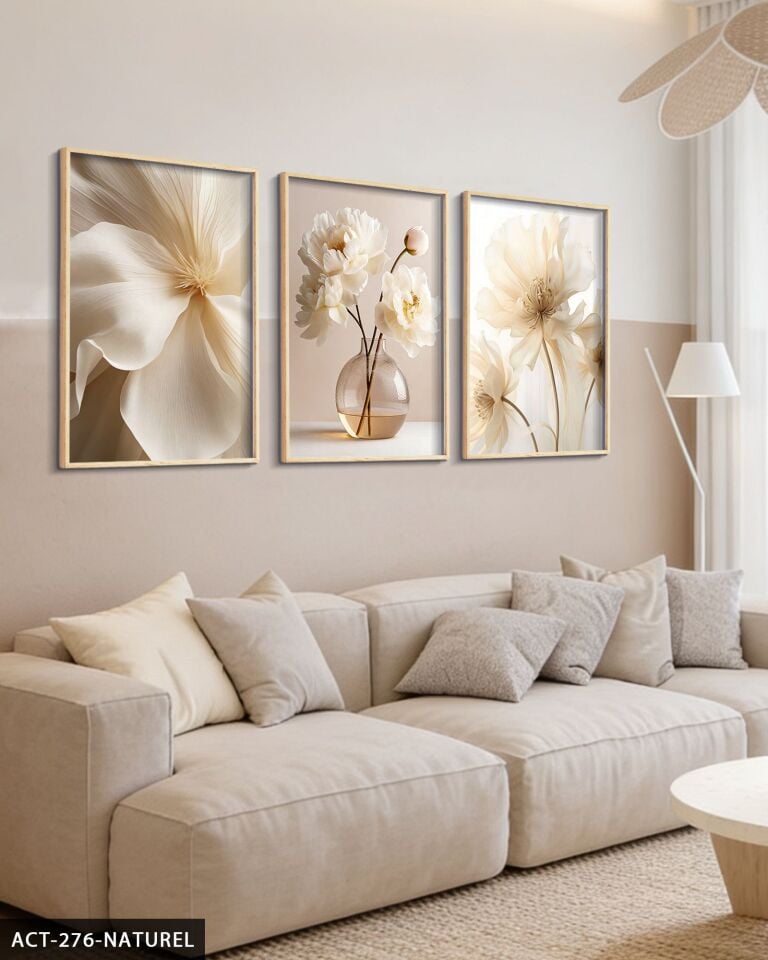 Beyaz Narin Çiçekler 3 Parça Ahşap Çerçeveli Tablo ACT Naturel - 40 x 60 CM