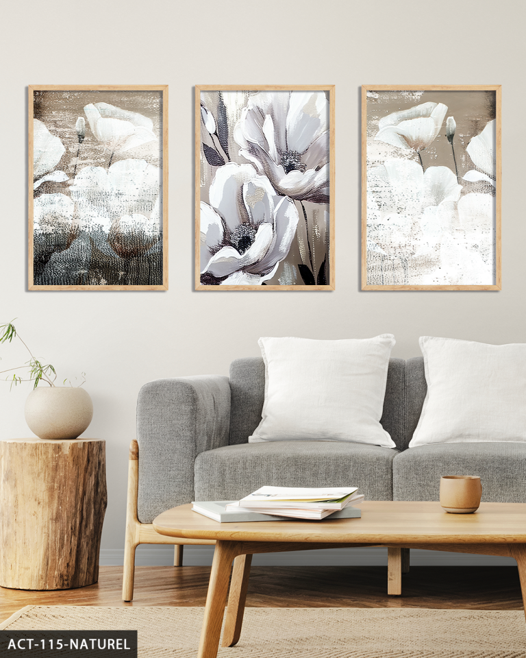 Yağlı Boya Görünümlü Beyaz Çiçek 3 Parça Ahşap Çerçeveli Tablo ACT Naturel - 50 x 70 CM