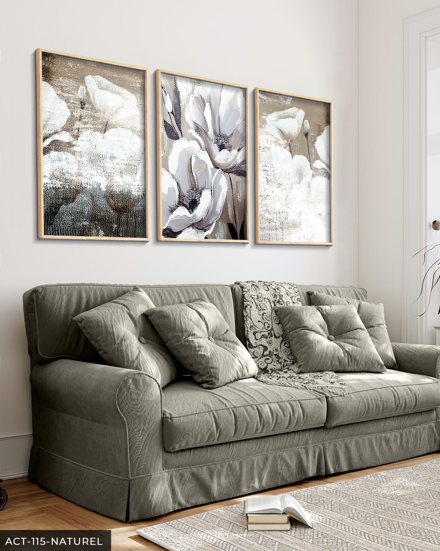 Yağlı Boya Görünümlü Beyaz Çiçek 3 Parça Ahşap Çerçeveli Tablo ACT Naturel - 50 x 70 CM