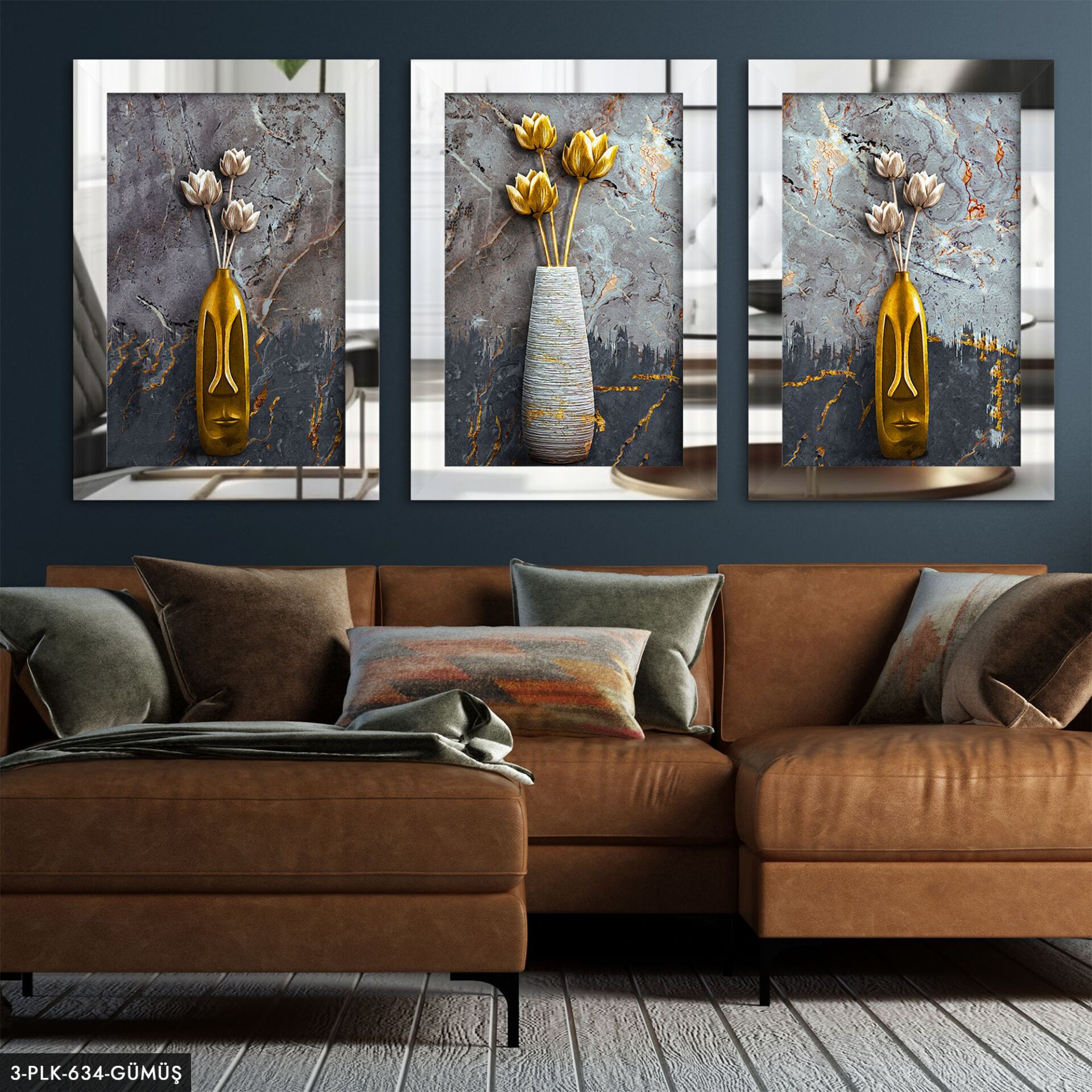 Vazoda Çiçekler 3 Parça Pleksi Aynalı Tablo 30 x 40 CM - Gümüş