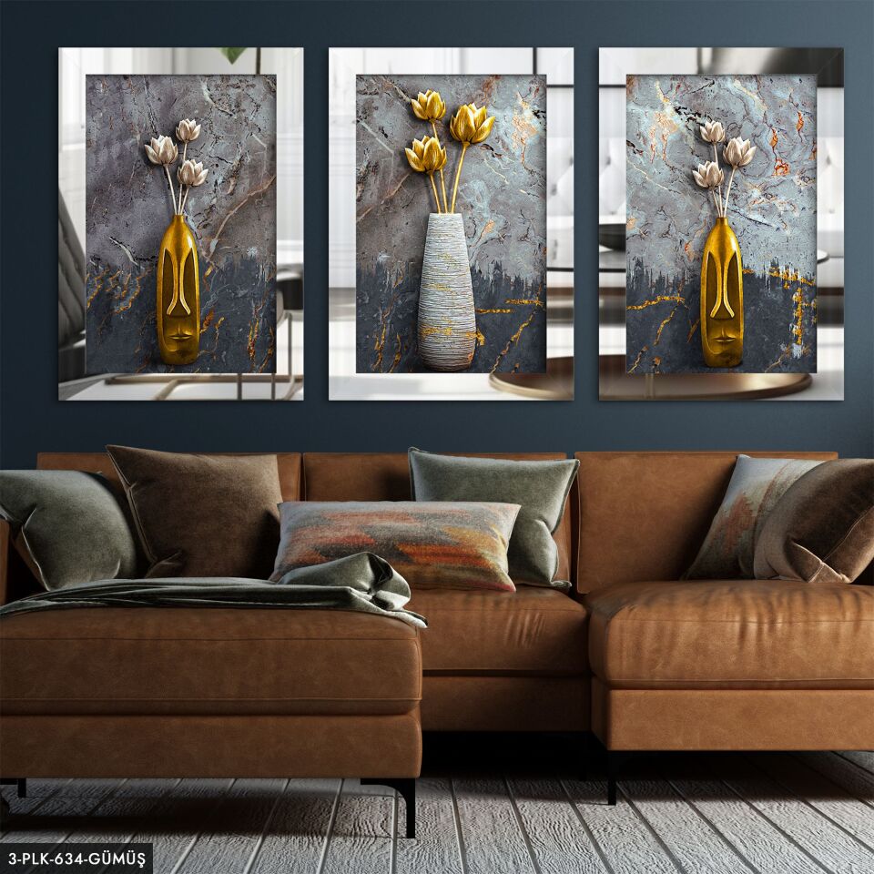 Vazoda Çiçekler 3 Parça Pleksi Aynalı Tablo 30 x 40 CM - Gümüş