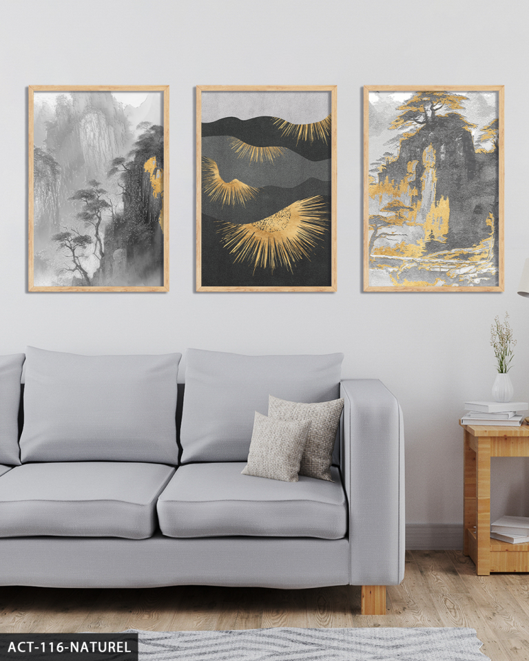 Gold Detaylı Modern Sanat 3 Parça Ahşap Çerçeveli Tablo ACT Naturel - 50 x 70 CM