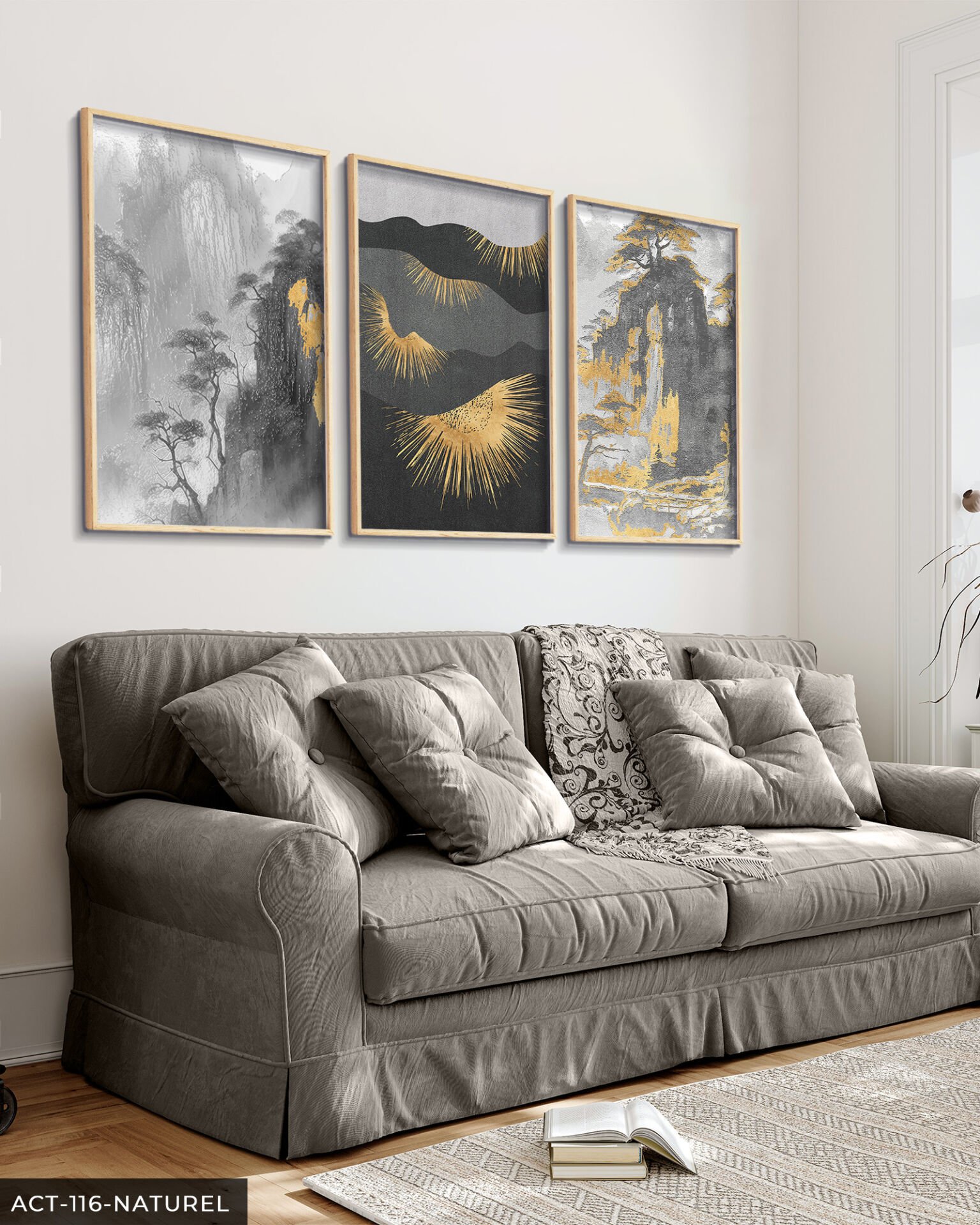 Gold Detaylı Modern Sanat 3 Parça Ahşap Çerçeveli Tablo ACT Naturel - 50 x 70 CM