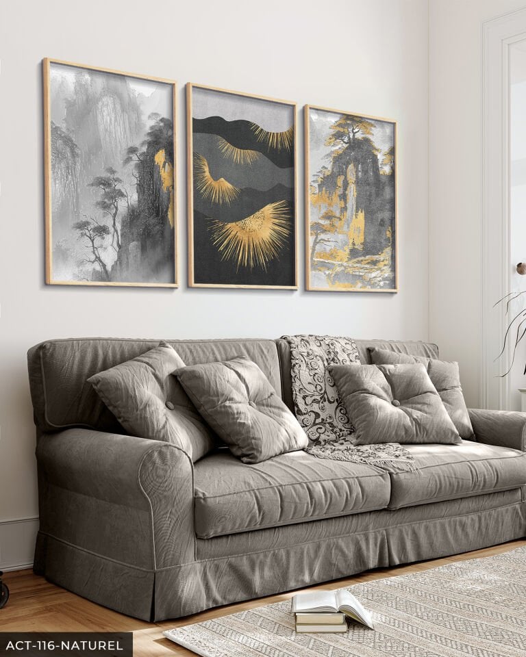 Gold Detaylı Modern Sanat 3 Parça Ahşap Çerçeveli Tablo ACT Naturel - 50 x 70 CM