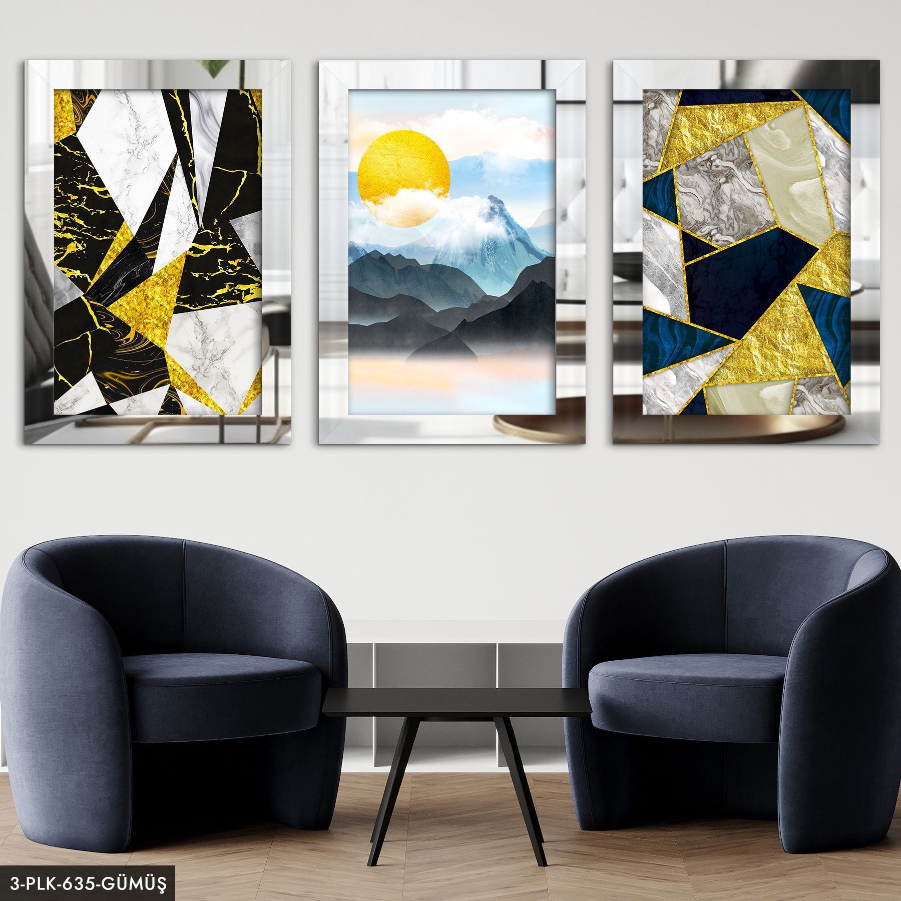 Soyut Dağ Güneş 3 Parça Pleksi Aynalı Tablo 30 x 40 CM - Gümüş