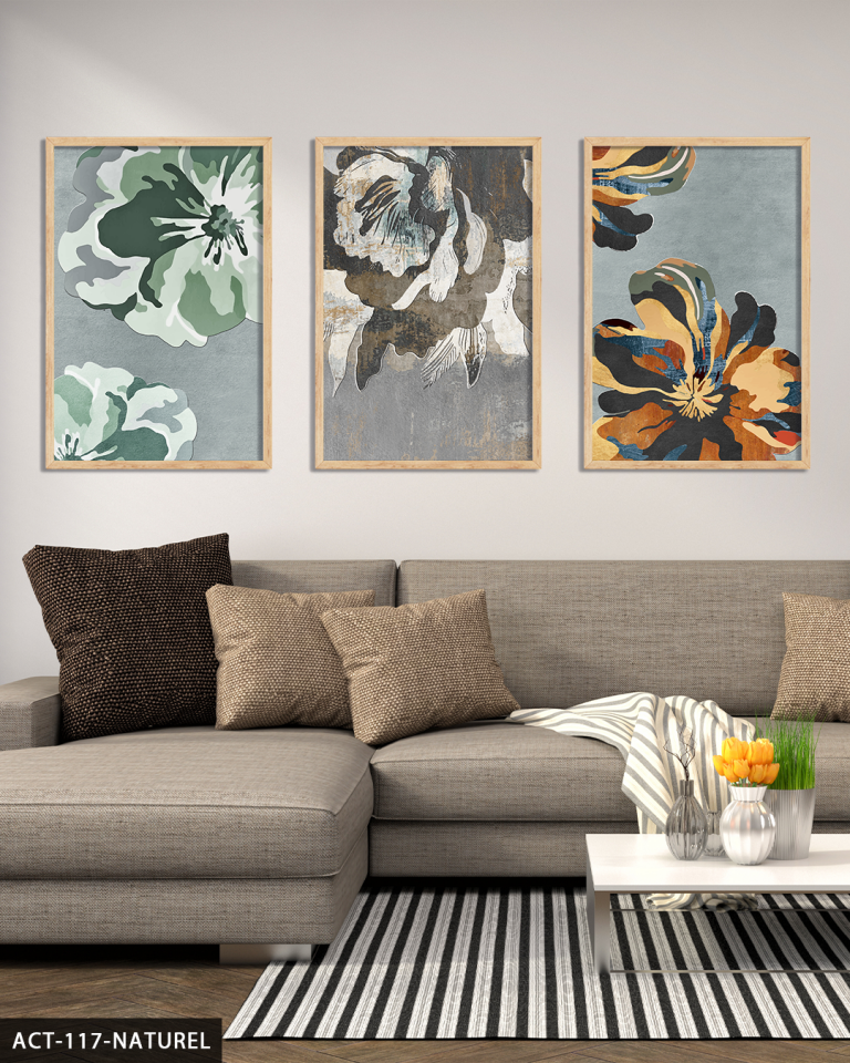 Renkli Çiçekler 3 Parça Ahşap Çerçeveli Tablo ACT Naturel - 50 x 70 CM
