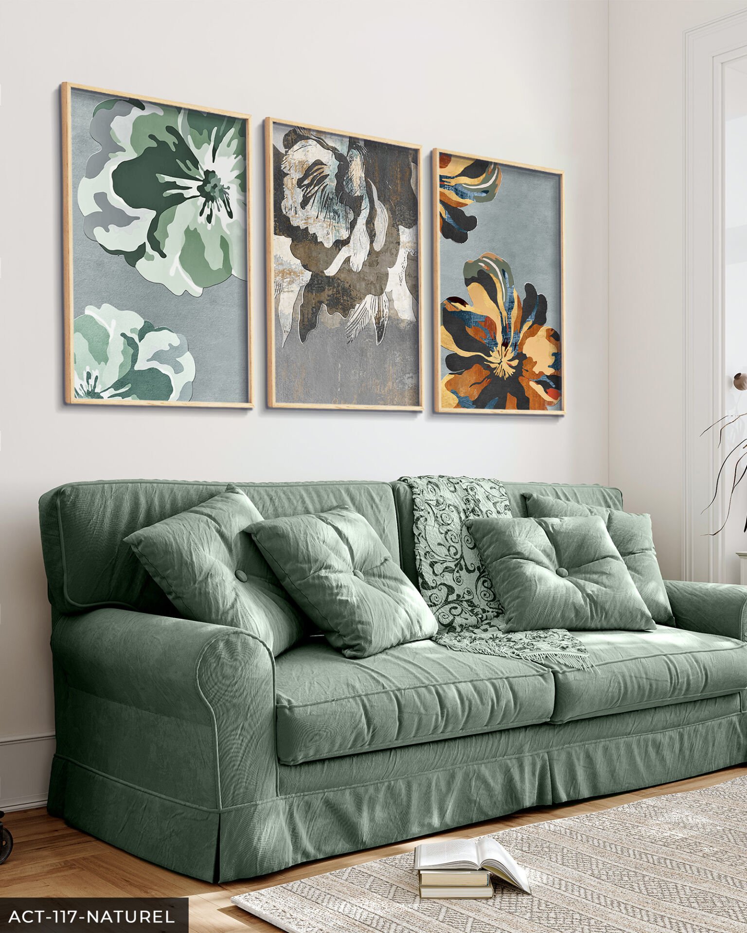 Renkli Çiçekler 3 Parça Ahşap Çerçeveli Tablo ACT Naturel - 50 x 70 CM