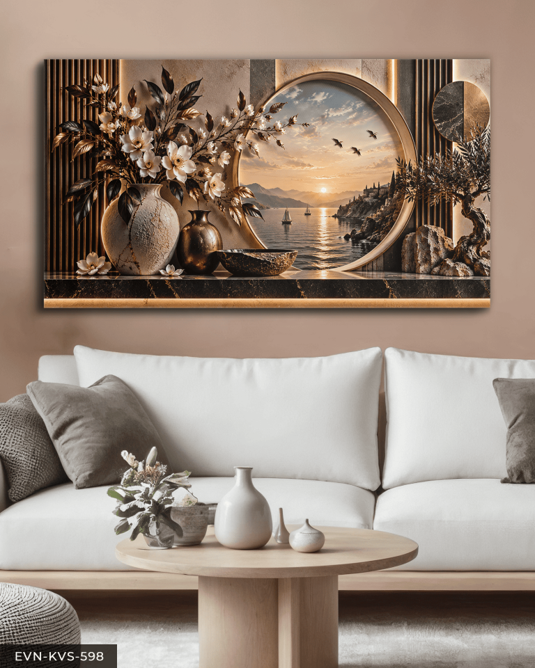 Vazoda Çiçek ve Deniz Manzarası Tek Parça Işıksız Kanvas - Canvas Tablo
