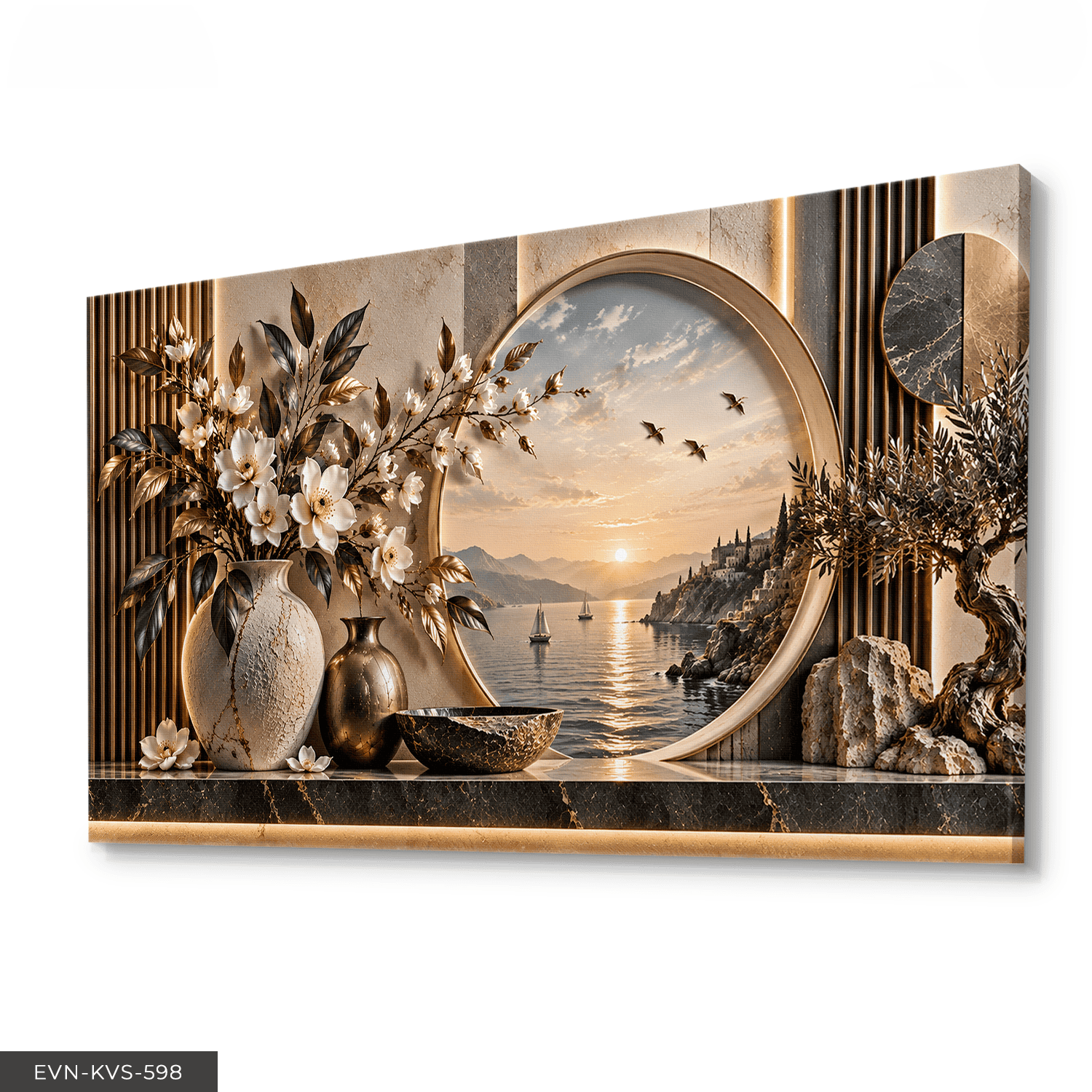Vazoda Çiçek ve Deniz Manzarası Tek Parça Işıksız Kanvas - Canvas Tablo