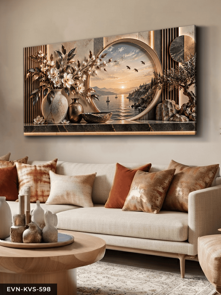 Vazoda Çiçek ve Deniz Manzarası Tek Parça Işıksız Kanvas - Canvas Tablo