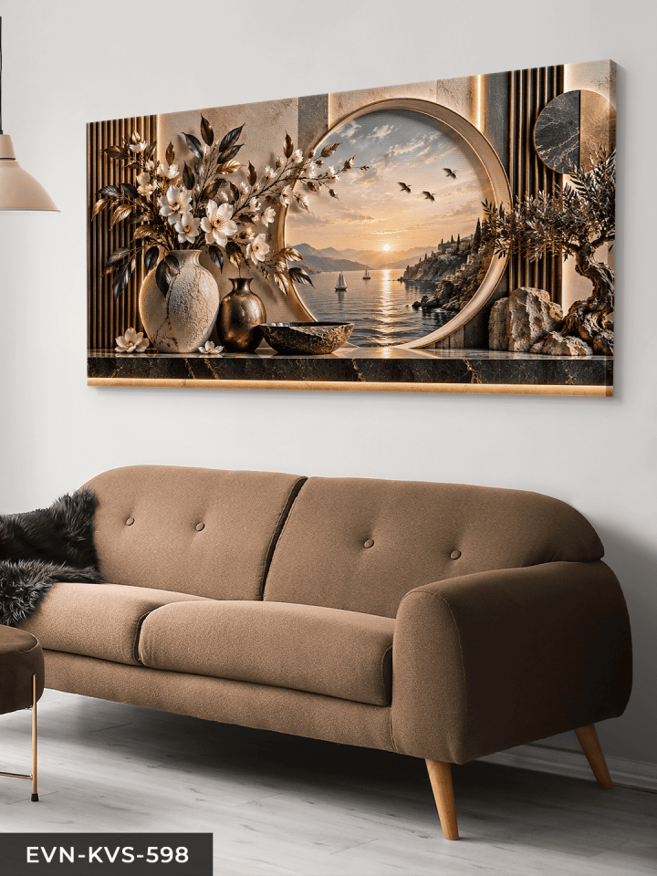 Vazoda Çiçek ve Deniz Manzarası Tek Parça Işıksız Kanvas - Canvas Tablo