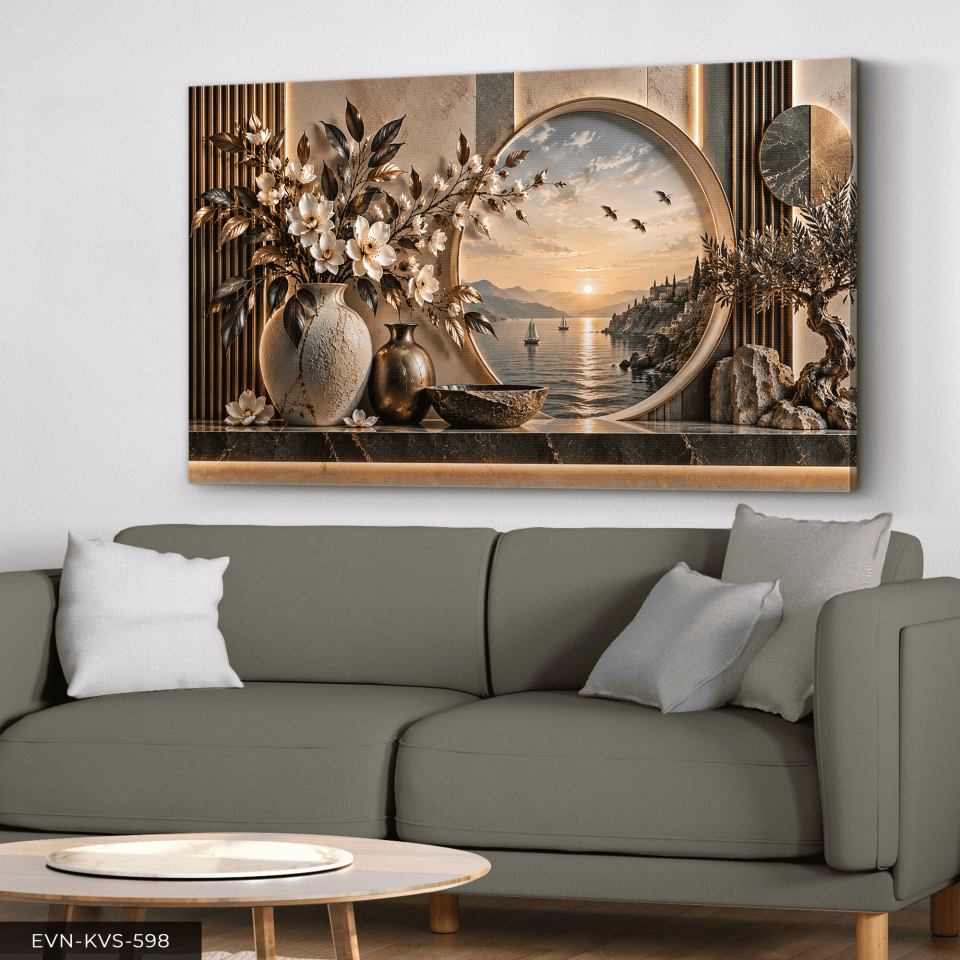 Vazoda Çiçek ve Deniz Manzarası Tek Parça Işıksız Kanvas - Canvas Tablo
