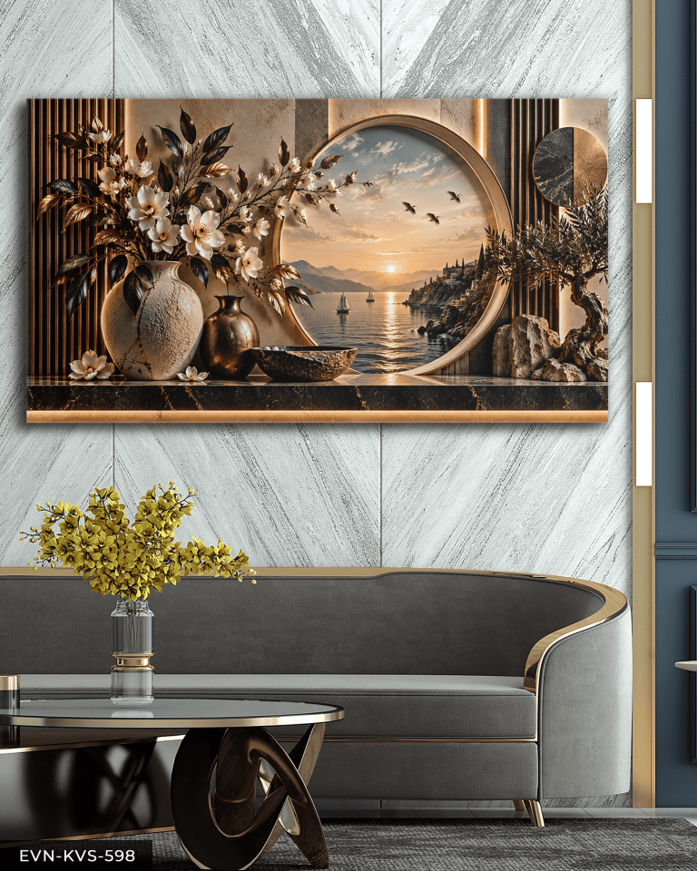 Vazoda Çiçek ve Deniz Manzarası Tek Parça Işıksız Kanvas - Canvas Tablo