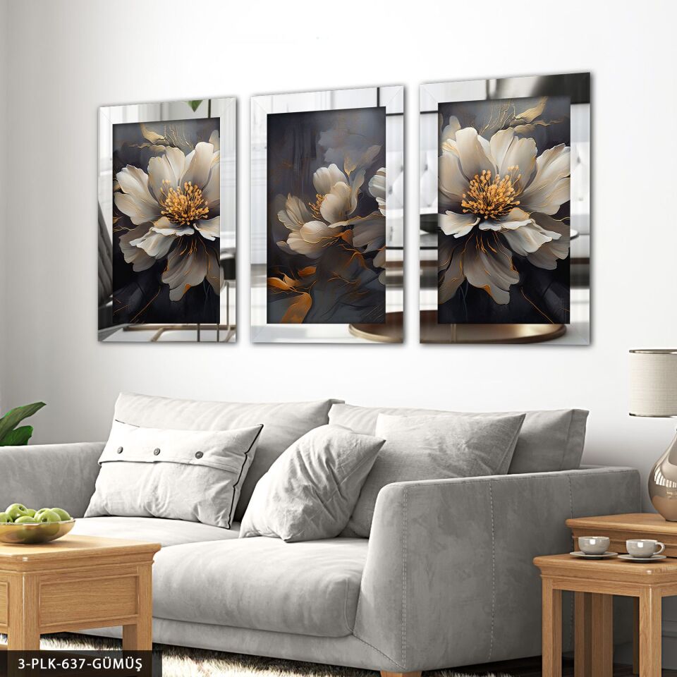 Çiçekler 3 Parça Pleksi Aynalı Tablo 30 x 40 CM - Gümüş