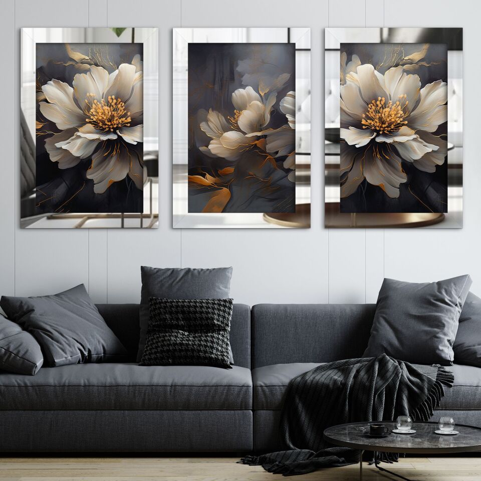Çiçekler 3 Parça Pleksi Aynalı Tablo 30 x 40 CM - Gümüş
