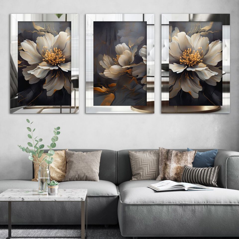 Çiçekler 3 Parça Pleksi Aynalı Tablo 30 x 40 CM - Gümüş