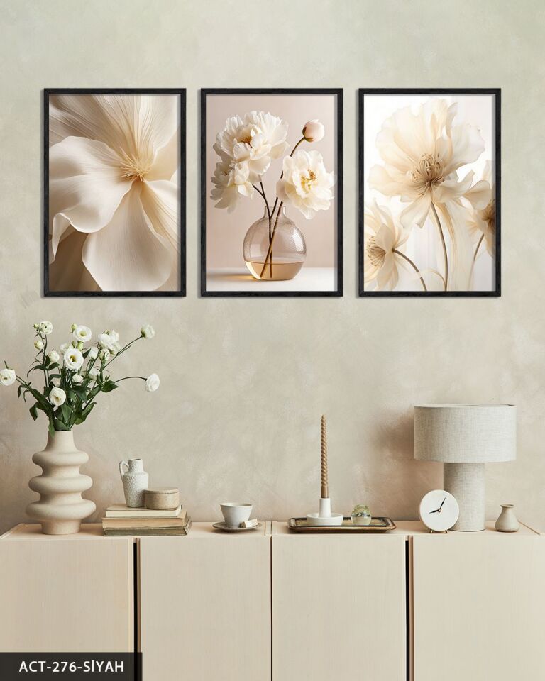Beyaz Narin Çiçekler 3 Parça Ahşap Çerçeveli Tablo ACT Siyah - 40 x 60 CM