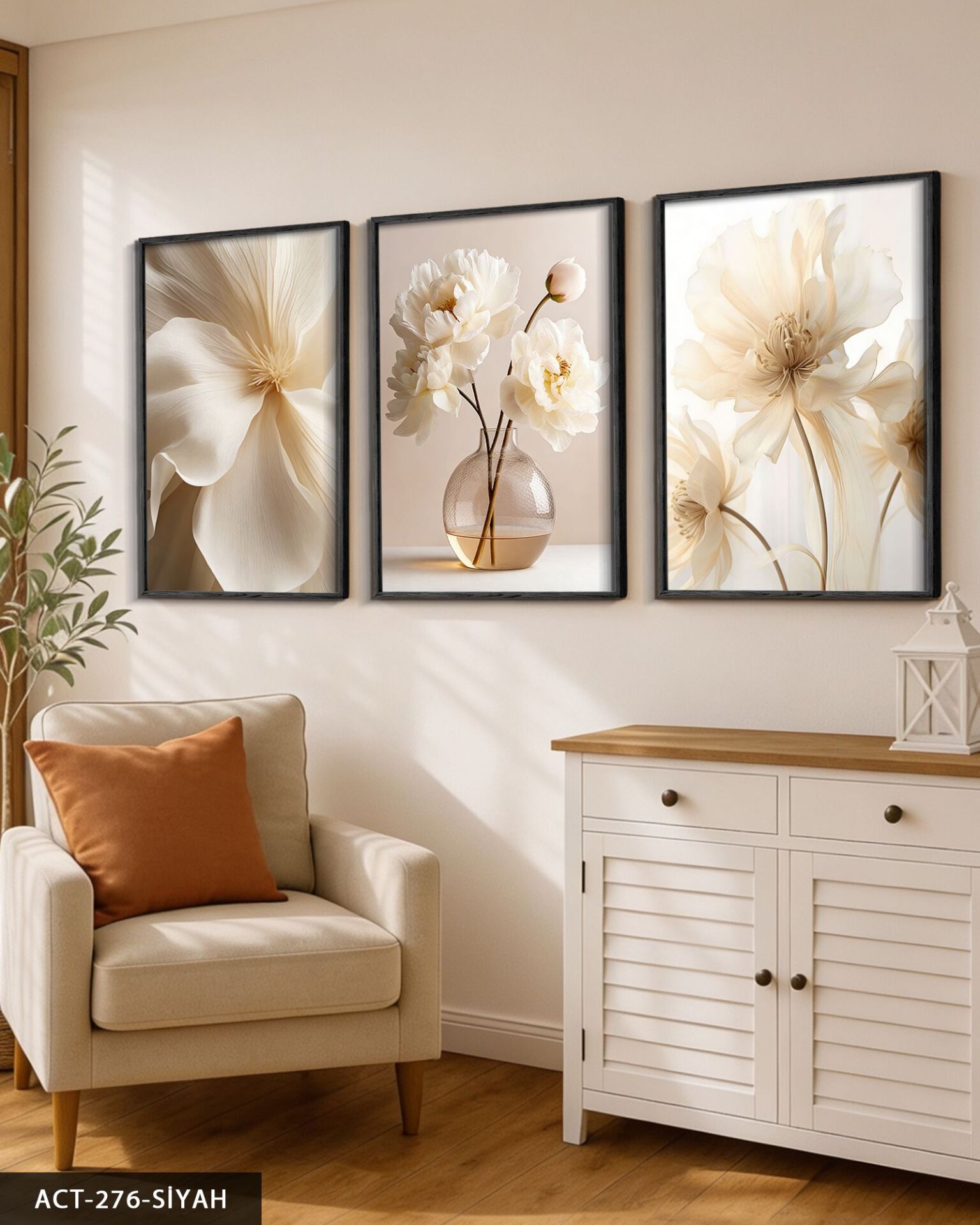 Beyaz Narin Çiçekler 3 Parça Ahşap Çerçeveli Tablo ACT Siyah - 50 x 70 CM