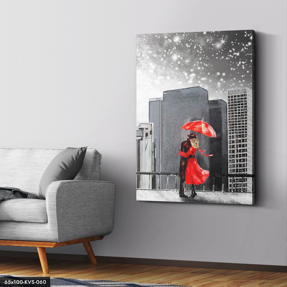 Şemşiye Altında Sevgili Kanvas - Canvas Tablo 140 x 90 CM - Çok Renkli