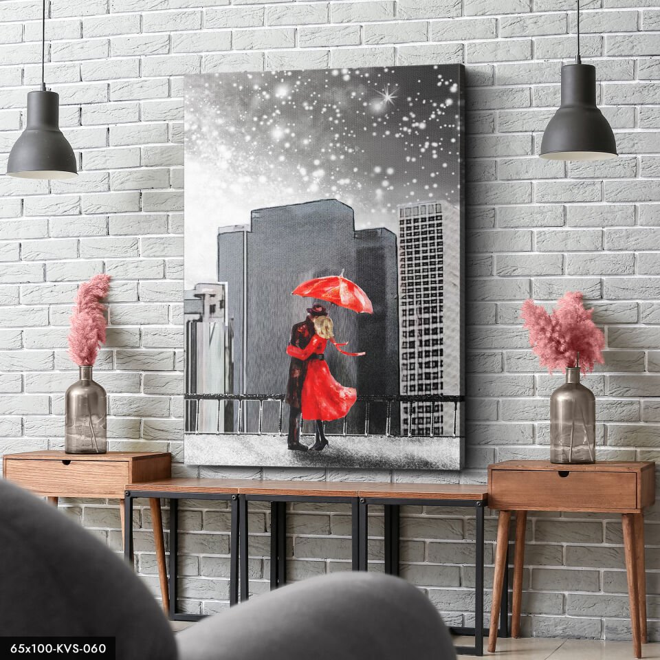 Şemşiye Altında Sevgili Kanvas - Canvas Tablo 140 x 90 CM - Çok Renkli