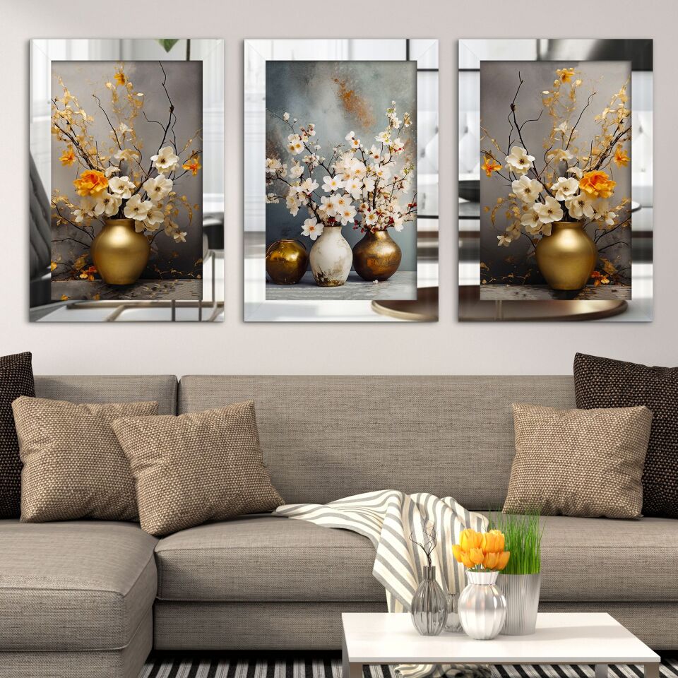 Gold ve Beyaz Vazoda Çiçekler 3 Parça Pleksi Aynalı Tablo 30 x 40 CM - Gümüş