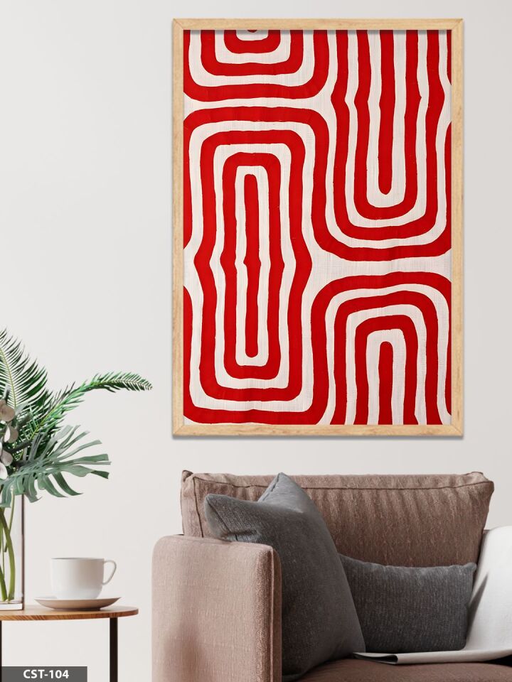 Kırmızı Beyaz Geometrik Desen Tek Parça Ahşap Çerçeveli Tablo Naturel - 50 x 70 CM