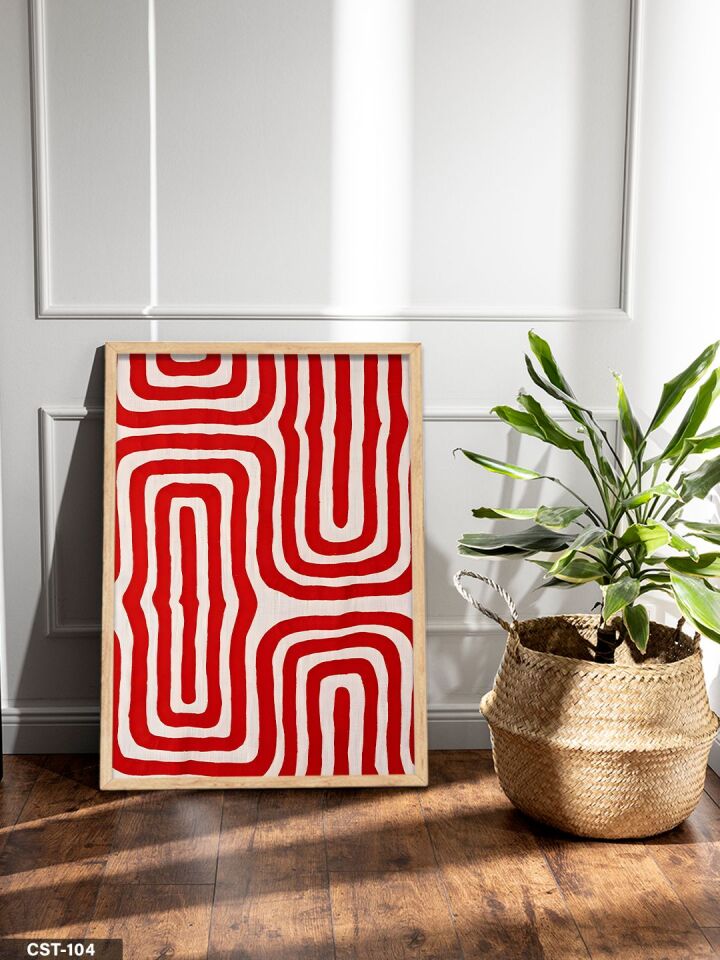 Kırmızı Beyaz Geometrik Desen Tek Parça Ahşap Çerçeveli Tablo Naturel - 50 x 70 CM