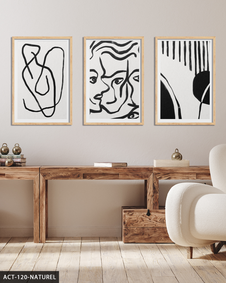 Portreler ve Soyut Sanat 3 Parça Ahşap Çerçeveli Tablo ACT Naturel - 50 x 70 CM