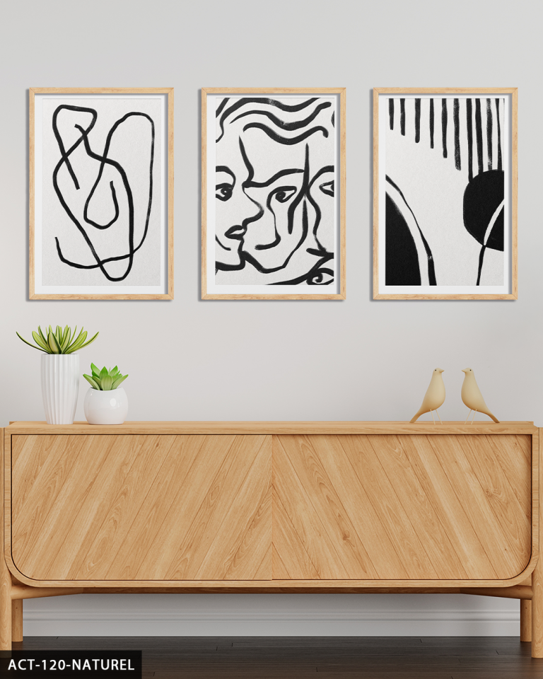 Portreler ve Soyut Sanat 3 Parça Ahşap Çerçeveli Tablo ACT Naturel - 50 x 70 CM