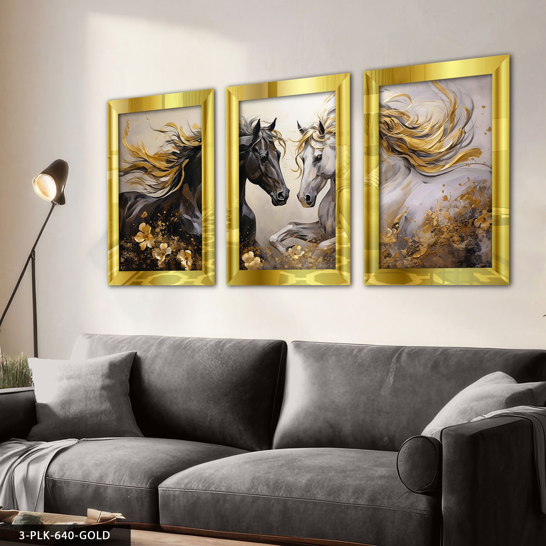 Asil Atlar 3 Parça Pleksi Aynalı Tablo 30 x 40 CM - Gold