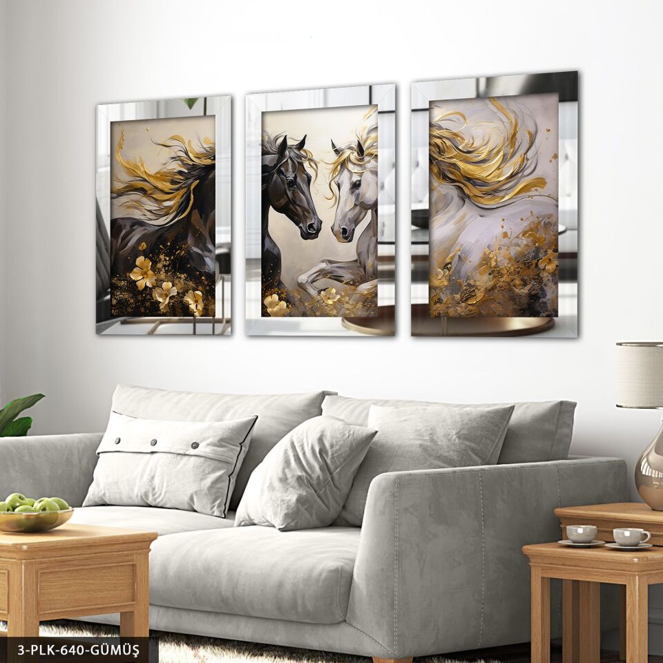 Asil Atlar 3 Parça Pleksi Aynalı Tablo 30 x 40 CM - Gümüş