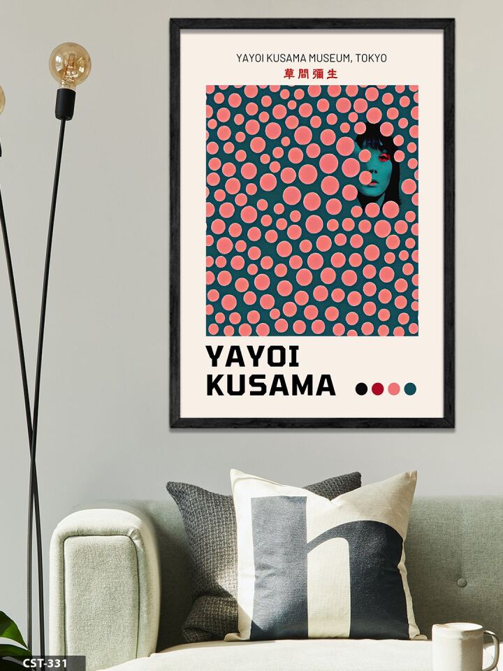 Yayoi Kusama Pembe Benekli Portre Tek Parça Ahşap Çerçeveli Tablo Siyah - 40 x 60 CM
