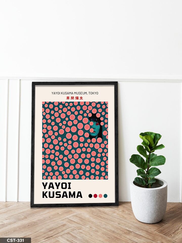 Yayoi Kusama Pembe Benekli Portre Tek Parça Ahşap Çerçeveli Tablo Siyah - 40 x 60 CM