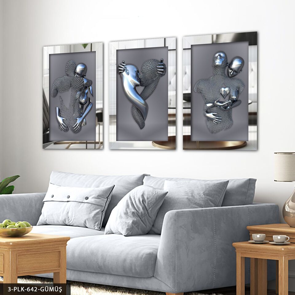 Aşk Temalı Sanatsal Heykel 3 Parça Pleksi Aynalı Tablo 30 x 40 CM - Gümüş