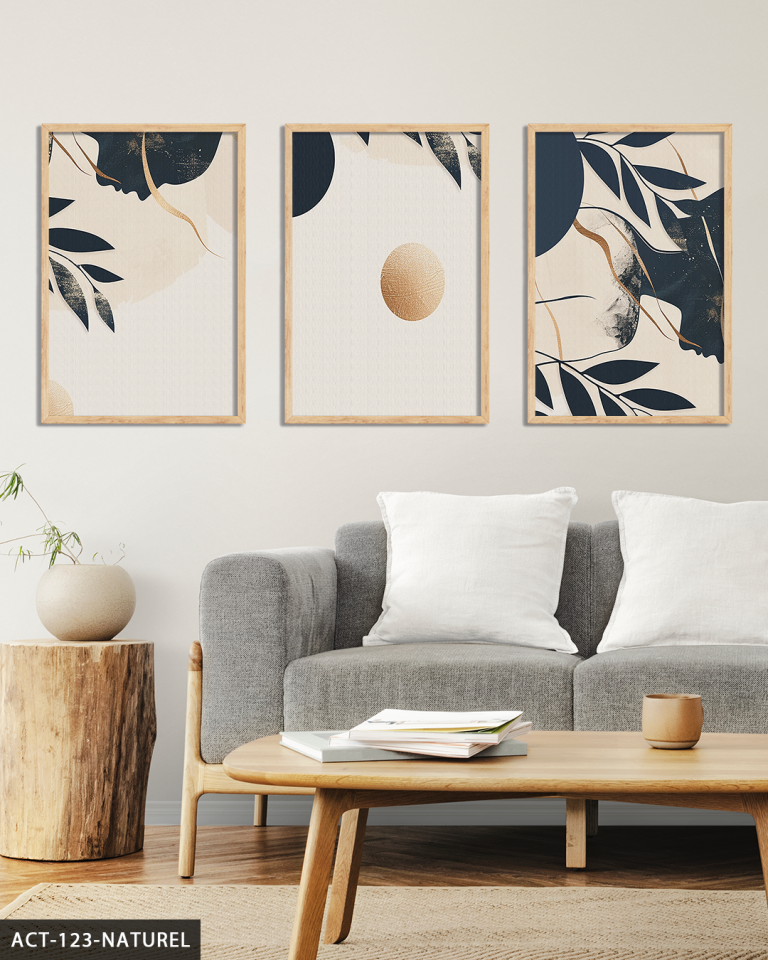Gold Detaylı Ay ve Kadın Silüeti 3 Parça Ahşap Çerçeveli Tablo ACT Naturel - 50 x 70 CM