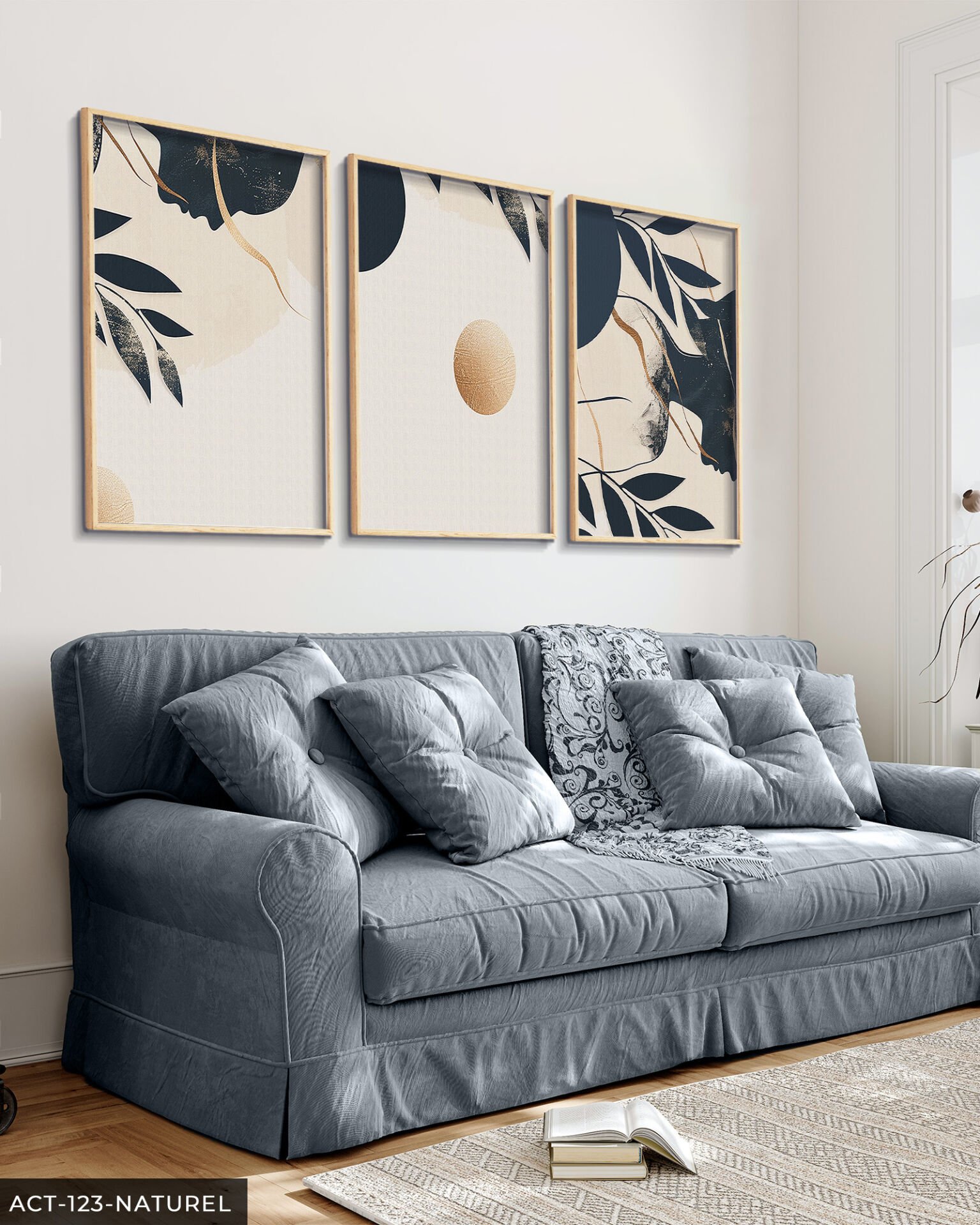 Gold Detaylı Ay ve Kadın Silüeti 3 Parça Ahşap Çerçeveli Tablo ACT Naturel - 50 x 70 CM