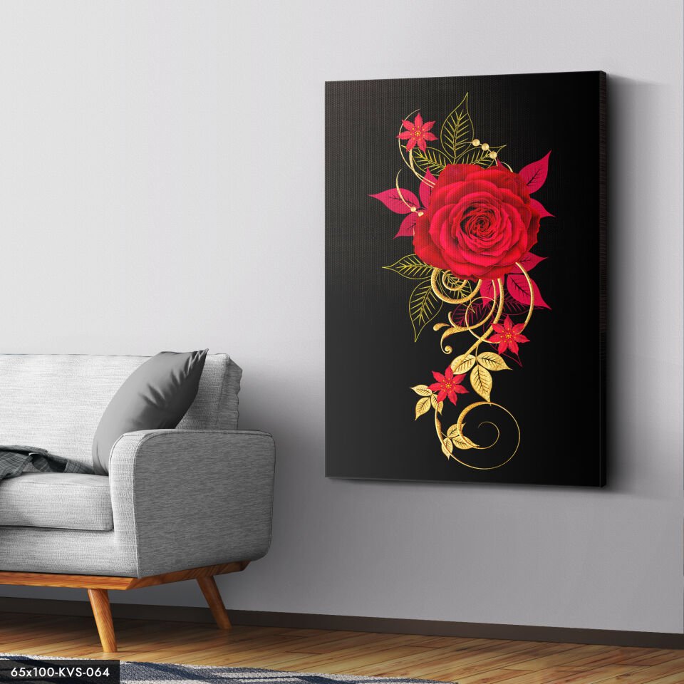 Kırmızı Işleme Çiçek Kanvas - Canvas Tablo 40 x 30 CM - Çok Renkli