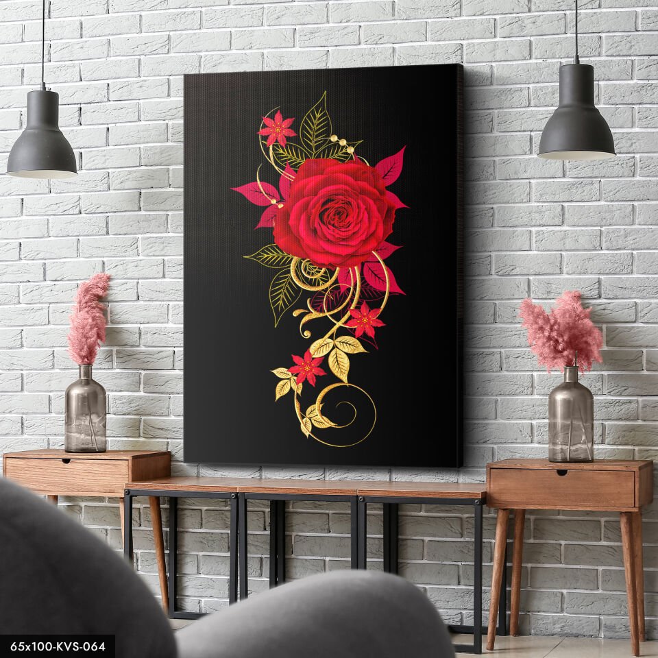 Kırmızı Işleme Çiçek Kanvas - Canvas Tablo 40 x 30 CM - Çok Renkli