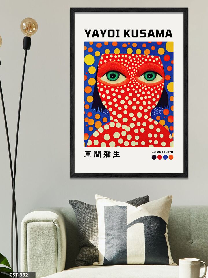 Yayoi Kusama Kırmızı Benekli Portre Tek Parça Ahşap Çerçeveli Tablo Siyah - 40 x 60 CM