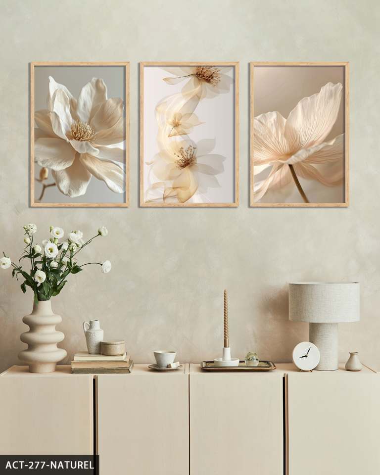 Zarif Çiçekler 3 Parça Ahşap Çerçeveli Tablo ACT Naturel - 50 x 70 CM