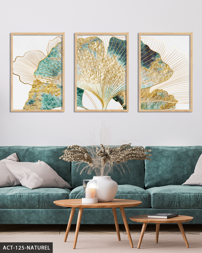 Yeşil ve Gold Detaylı Set 3 Parça Ahşap Çerçeveli Tablo ACT Naturel - 50 x 70 CM