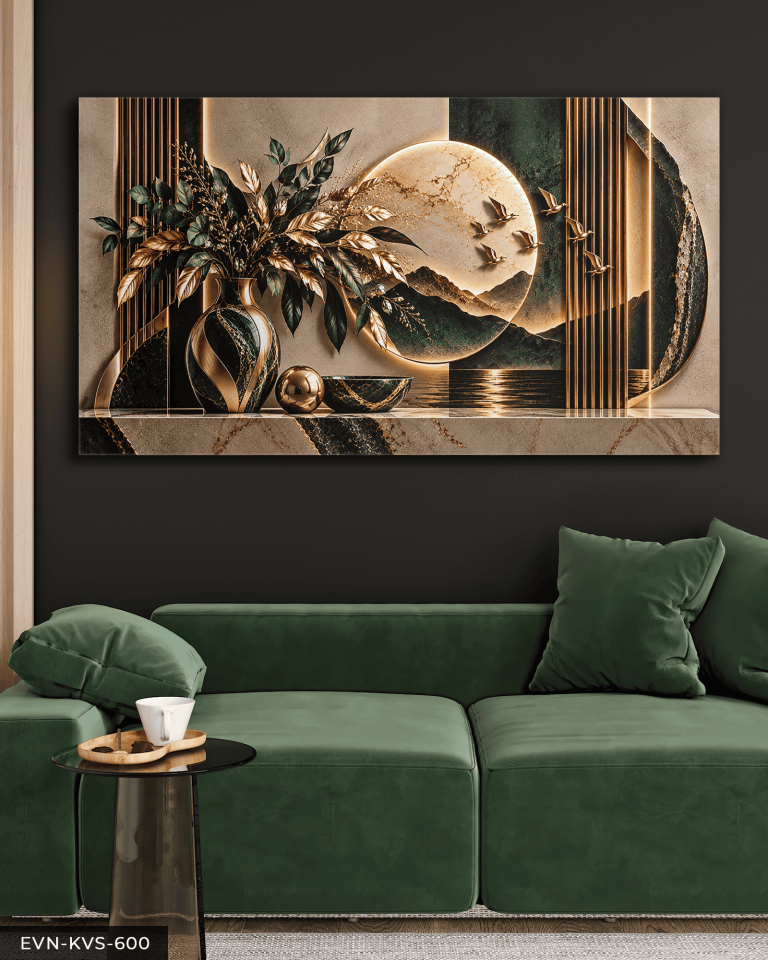 Vazoda Yapraklar ve Manzara Tek Parça Işıksız Kanvas - Canvas Tablo