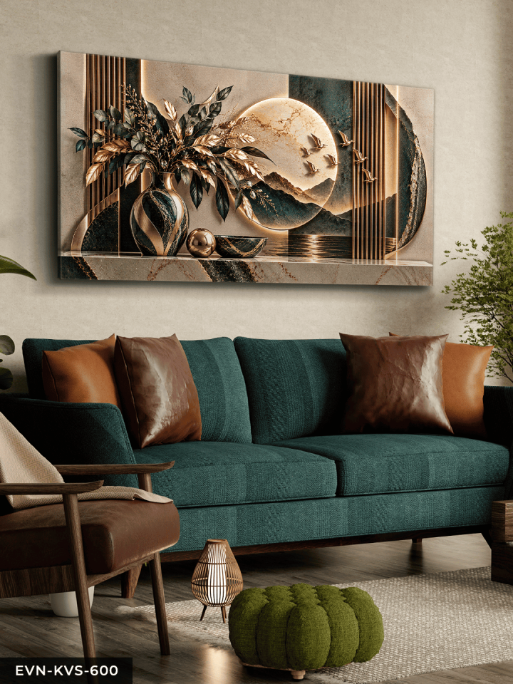Vazoda Yapraklar ve Manzara Tek Parça Işıksız Kanvas - Canvas Tablo